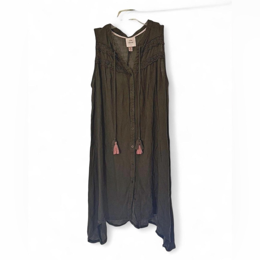 Knox Rose Olive Green Rayon Tunic Dress | Lace Trim | Size Medium